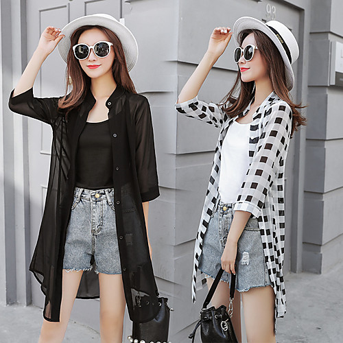 

Women's Coat Casual / Daily Spring & Summer Long Coat Shirt Collar Regular Fit Casual Jacket Pattern Others lattice Green flower