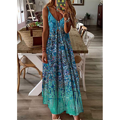 

Women's A Line Dress Maxi long Dress Blue Sleeveless Floral Print Print Spring Summer V Neck Casual Holiday 2021 S M L XL XXL 3XL