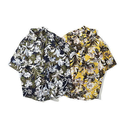 

Men's Shirt Other Prints Floral Plants Graphic Button-Down Print Short Sleeve Casual Tops 100% Cotton Basic Hawaiian Distressed Black Yellow Beige