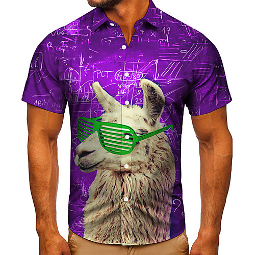 

Men's Shirt 3D Print Graphic Prints Alpaca Button-Down Short Sleeve Street Tops Casual Fashion Classic Breathable Purple