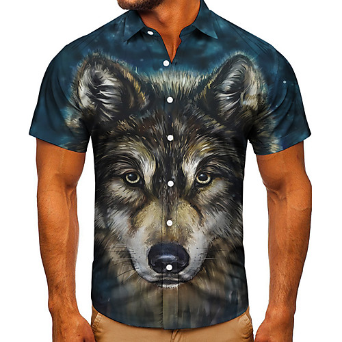 

Men's Shirt 3D Print Graphic Prints Wolf Button-Down Short Sleeve Street Tops Casual Fashion Classic Breathable Blue