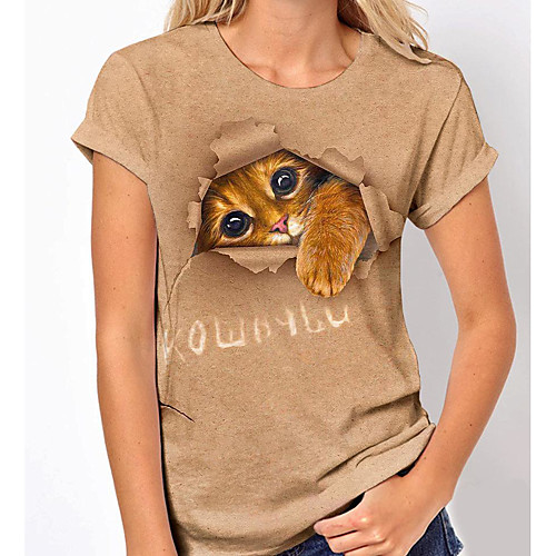 

Women's 3D Cat T shirt Cat 3D Animal Print Round Neck Basic Tops Khaki
