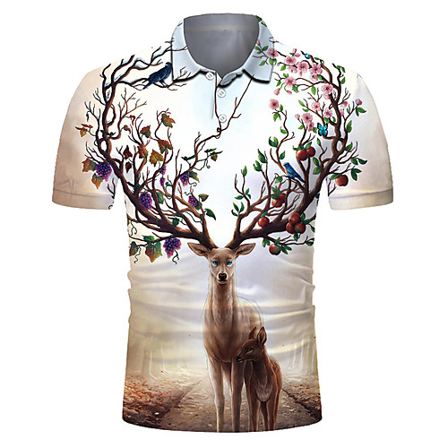 

Men's Golf Shirt Tennis Shirt 3D Print Elk Animal Button-Down Short Sleeve Street Tops Casual Fashion Cool Breathable Beige / Sports