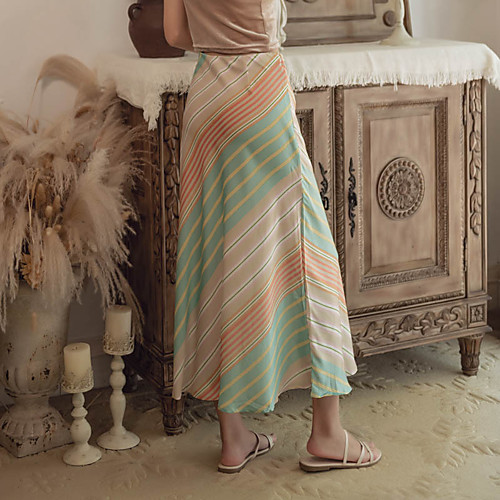 

Women's Holiday Weekend Streetwear Boho Skirts Stripes Color Block Ruffle Print Green