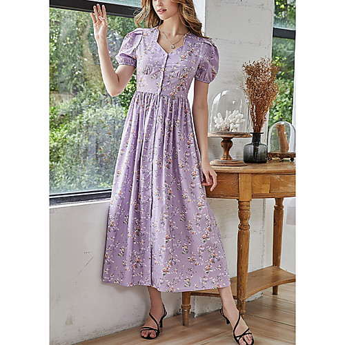 

Women's A Line Dress Maxi long Dress Purple Short Sleeve Print Color Block Patchwork Print Fall Summer V Neck Casual Puff Sleeve 2021 S M L XL