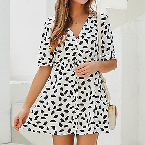 

Women's Sundress Short Mini Dress White Short Sleeve Polka Dot Print Summer V Neck Casual Holiday Loose 2021 M L XL XXL