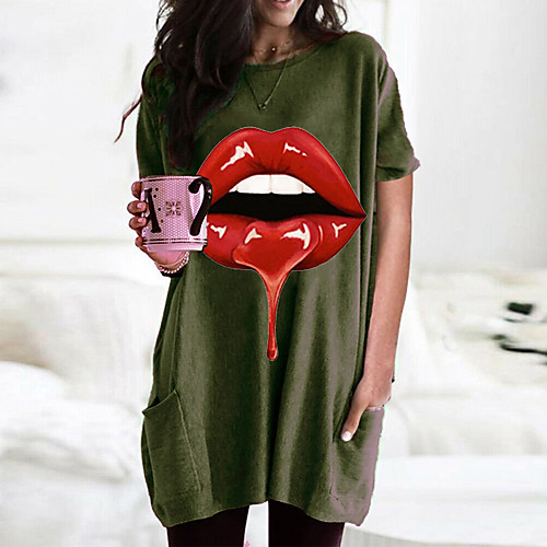 

Women's T shirt Dress Graphic Mouth Round Neck Tops Basic Basic Top Black Wine Army Green