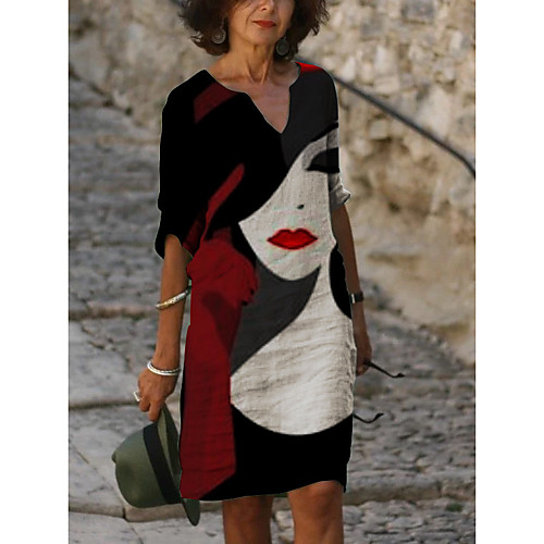 

Women's A Line Dress Knee Length Dress Black 3/4 Length Sleeve Pattern Summer Casual 2021 S M L XL XXL XXXL