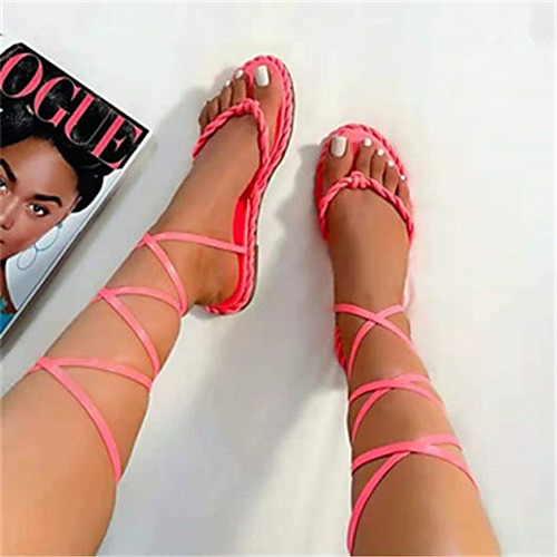 

Women's Sandals Lace up Flat Heel Round Toe PU Almond White Black