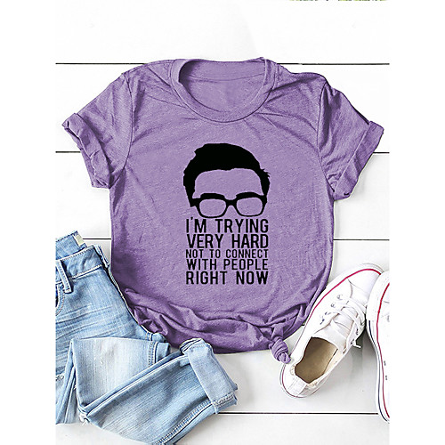 

Women's T shirt Graphic Portrait Letter Print Round Neck Basic Tops Cotton Purple Dark Gray Rose Pink