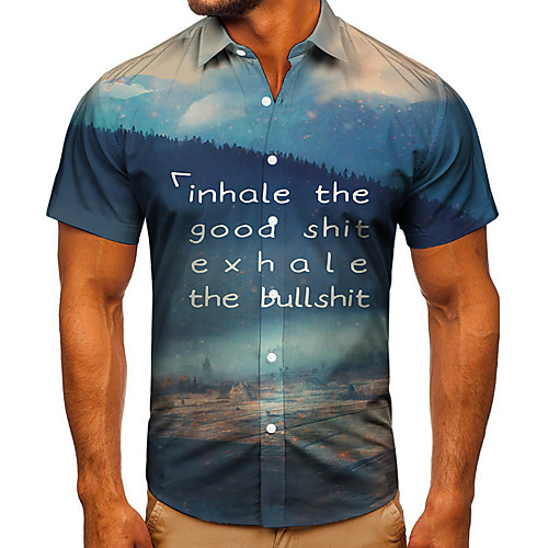 

Men's Shirt 3D Print Graphic Prints Letter Button-Down Short Sleeve Street Tops Casual Fashion Classic Breathable Blue