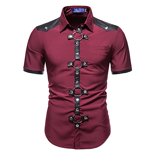 

Men's Shirt Solid Colored Short Sleeve Casual Tops Fashion Button Down Collar Wine Black