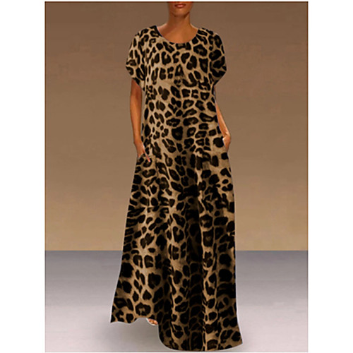 

Women's A Line Dress Maxi long Dress Gray Brown Short Sleeve Print Leopard Print Spring Summer Casual / Daily 2021 S M L XL XXL XXXL 4XL 5XL