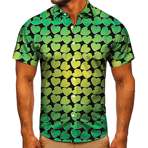 

Men's Shirt 3D Print Heart Graphic Prints Button-Down Short Sleeve Street Tops Casual Fashion Classic Breathable Green