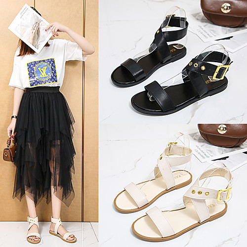 

Women's Sandals Flat Heel Round Toe PU Button Solid Colored Black Beige