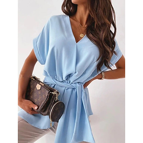 

Women's Blouse Plain V Neck Streetwear Tops Camel Light Blue
