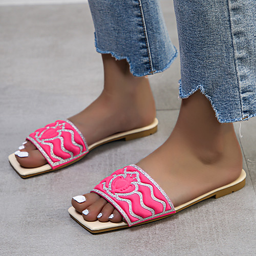 

Women's Sandals Outdoor Slippers Flat Heel Square Toe PU Sparkling Glitter Solid Colored Black Pink Orange