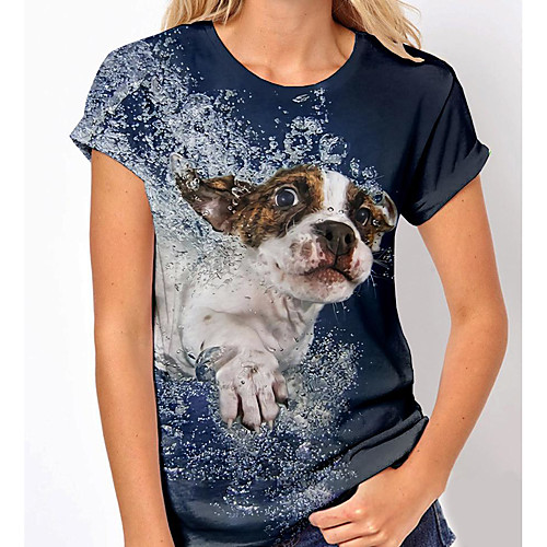 

Women's 3D Printed Painting T shirt Dog Animal Print Round Neck Basic Tops Navy Blue