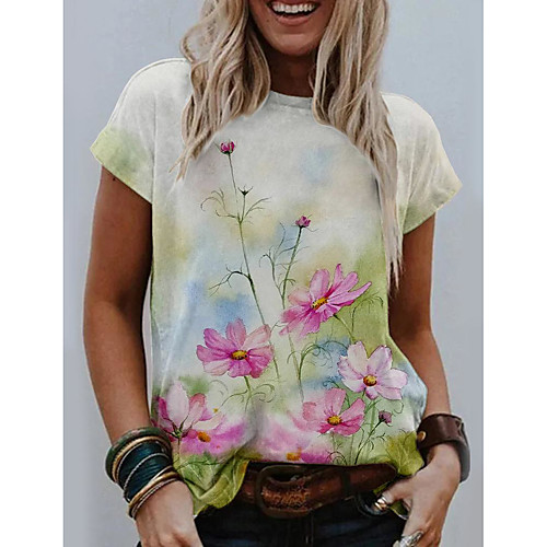 

Women's Floral Theme Painting T shirt Floral Graphic Print Round Neck Basic Tops Green