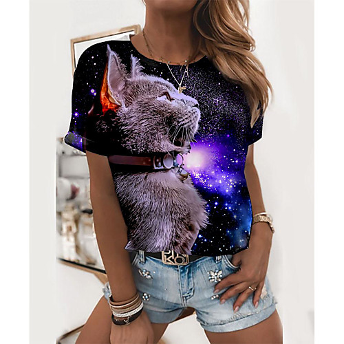 

Women's Cat 3D Printed 3D Cat T shirt Galaxy Cat 3D Print Round Neck Basic Tops Navy Blue