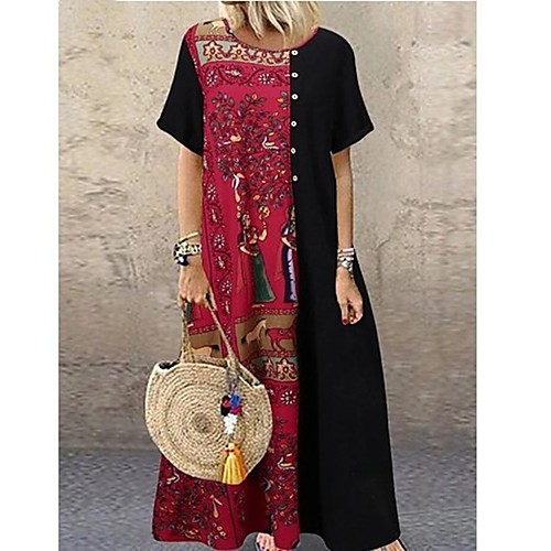 

Women's A Line Dress Maxi long Dress Black Apricot Short Sleeve Print Spring Summer Casual / Daily 2021 M L XL XXL 3XL / Cotton / Cotton