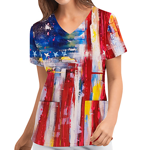

Women's Going out T shirt American Flag National Flag Pocket Print V Neck Basic Tops Loose Blue Red Rainbow