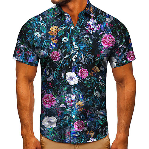 

Men's Shirt 3D Print Floral Graphic Prints Button-Down Short Sleeve Street Tops Casual Fashion Classic Breathable Blue