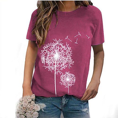 

Women's Floral Theme T shirt Floral Print Round Neck Tops Basic Basic Top Red Fuchsia Green
