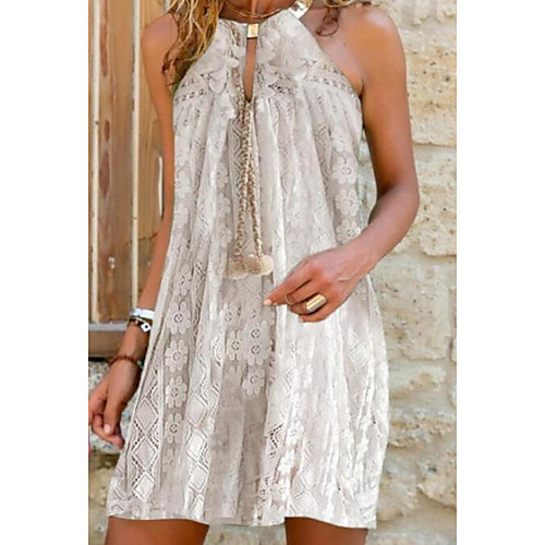 

Women's A Line Dress Knee Length Dress White Sleeveless Solid Color Lace Patchwork Summer Round Neck Casual 2021 S M L XL XXL 3XL