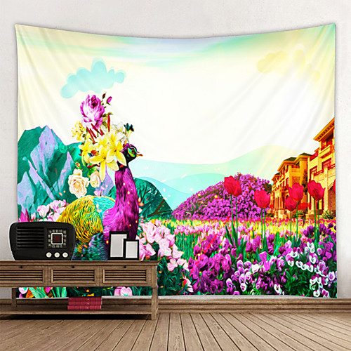 

Wall Tapestry Wall Hanging Art Deco Blanket Curtain Hanging at Home Bedroom Living Room Decoration Beautiful Landscape Flower and Peacock House
