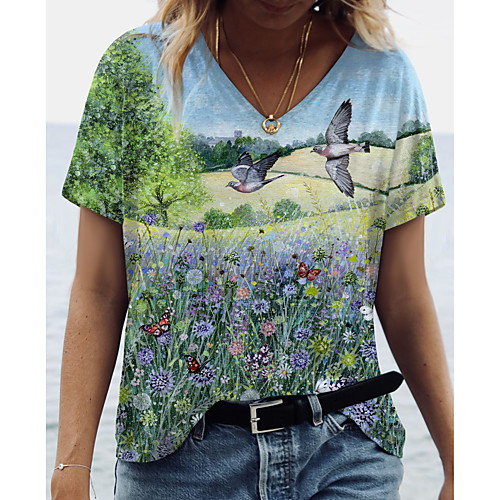 

Women's Floral Theme Painting T shirt Floral Scenery Print V Neck Basic Tops Green