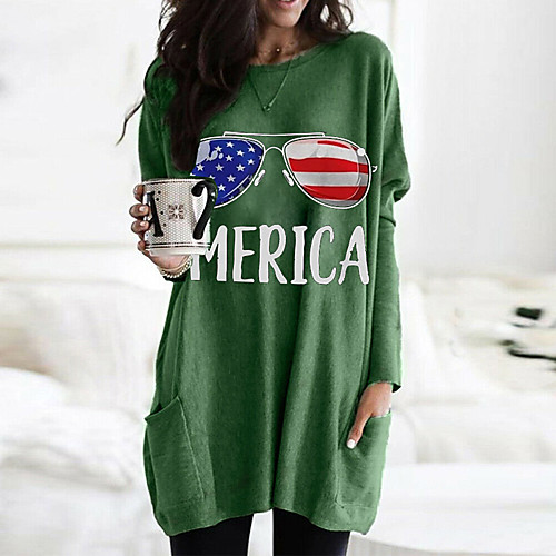 

Women's T shirt Dress Graphic Flag Long Sleeve Pocket Round Neck Tops Basic Basic Top White Black Fuchsia