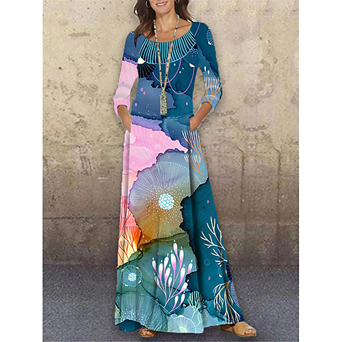 

Women's Shift Dress Maxi long Dress Blue Blushing Pink 3/4 Length Sleeve Floral Color Gradient Print Spring Summer Round Neck Casual Holiday 2021 S M L XL XXL 3XL