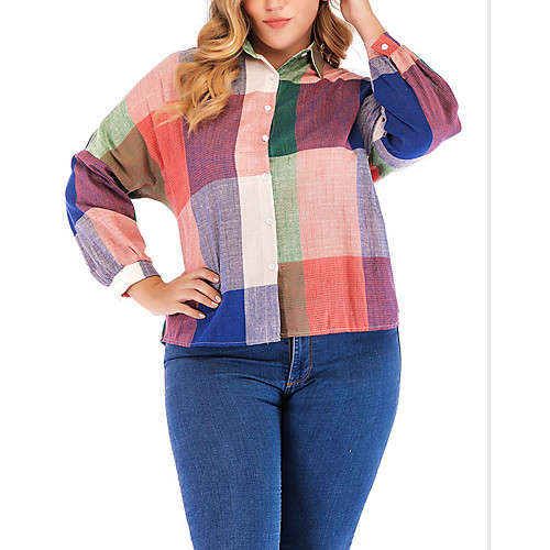 

Women's Plus Size Tops Shirt Plaid Long Sleeve Shirt Collar Rainbow Big Size XL XXL 3XL 4XL