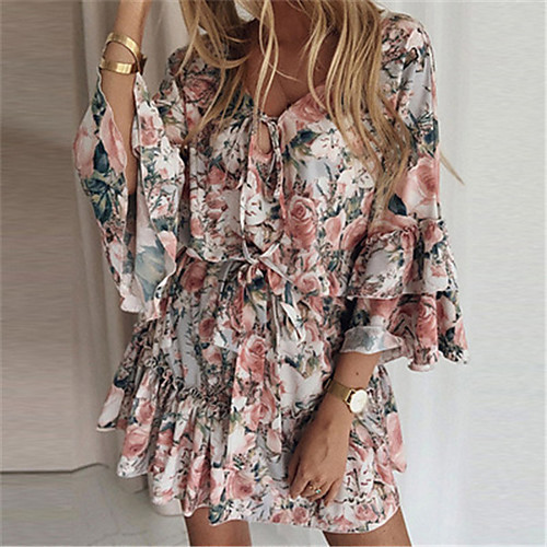 

Women's A Line Dress Short Mini Dress Blushing Pink Green Dark Blue Long Sleeve Print Front Tie Spring Summer V Neck Holiday Casual / Daily 2021 S M L XL XXL XXXL
