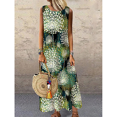 

Women's Shift Dress Maxi long Dress Green Sleeveless Floral Print Print Spring Summer Round Neck Casual Holiday 2021 S M L XL XXL 3XL