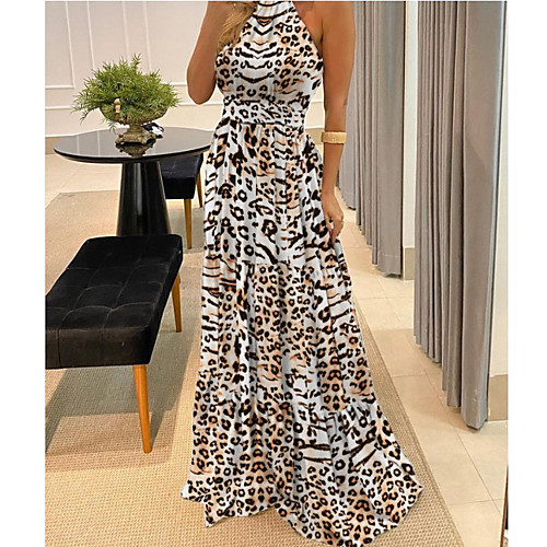 

Women's Swing Dress Maxi long Dress Leopard Polka dot black Sleeveless Polka Dot Pattern Print Spring Summer Halter Neck Elegant Casual 2021 S M L XL