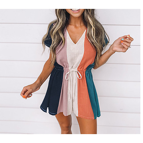 

Women's Ordinary Lace up Rainbow Romper Color Block Backless Bow