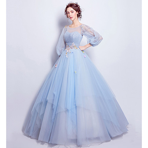 

Ball Gown Elegant Floral Quinceanera Engagement Dress Illusion Neck 3/4 Length Sleeve Floor Length Tulle with Pleats Appliques 2021