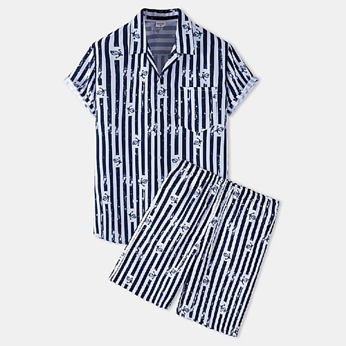 

Men's Shirt Suits Shirt Striped Button-Down Short Sleeve Casual Tops Cotton Casual Fashion Hawaiian Breathable Blue