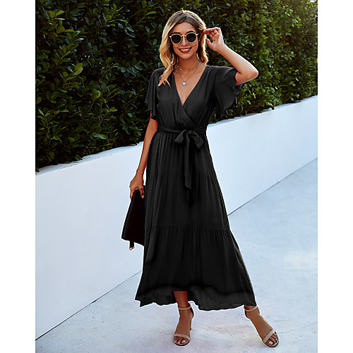 

Women's Swing Dress Maxi long Dress Sapphire Red Wine Brick red Dark Green Black Light Green Rose Red Short Sleeve Solid Color Split Pure Color Ruffle Spring Summer V Neck Vintage Casual / Daily