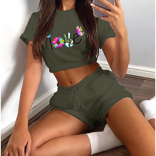 

Women's Basic Streetwear Floral Print Vacation Casual / Daily Two Piece Set Crop Top Tracksuit T shirt Loungewear Shorts Drawstring Print Tops