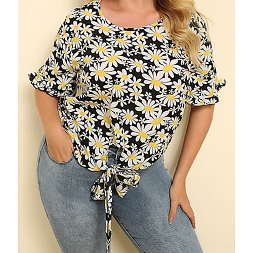 

Women's Plus Size Tops Blouse Floral Lace up Print Short Sleeve Crewneck Black Big Size XL XXL 3XL 4XL
