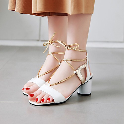

Women's Sandals Lace up Chunky Heel Round Toe PU Synthetics White Red Black