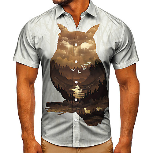 

Men's Shirt 3D Print Graphic Prints Owl Button-Down Short Sleeve Street Tops Casual Fashion Classic Breathable White