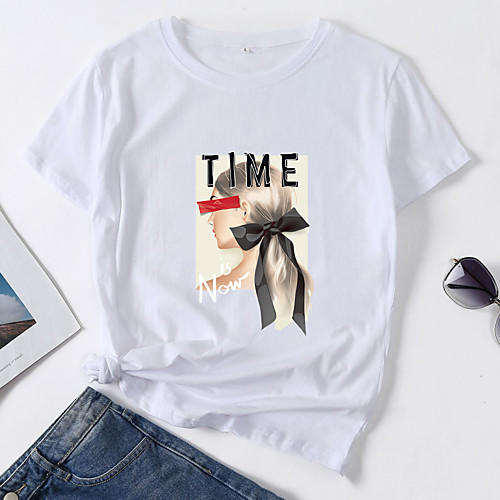 

Women's T shirt Portrait Letter Print Round Neck Tops Cotton Basic Basic Top White Black Blue