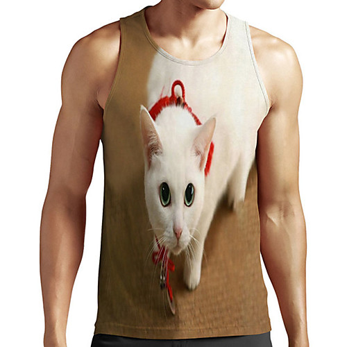 

Men's Unisex Tank Top Undershirt 3D Print Cat Graphic Prints Animal Plus Size Print Sleeveless Casual Tops Basic Designer Big and Tall Brown