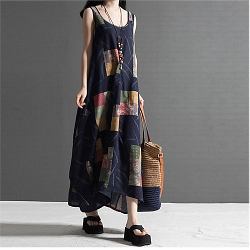 

2020 summer new national style fat mm cotton and linen printed sleeveless vest dress mid-length long skirt women's clothing