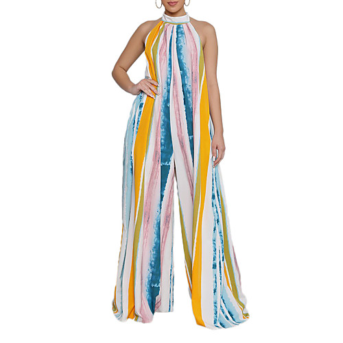 

Women's Basic Backless Yellow Jumpsuit Striped Print