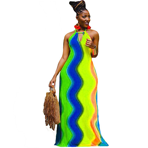 

Women's Strap Dress Maxi long Dress Green orange Blue yellow Sleeveless Rainbow Stripes Spring Summer Rainbow 2021 S M L XL
